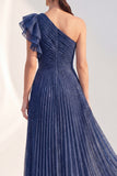 Navy A-Line One Shoulder Pleated Ruffled Glitter Long Mother of the Bride Dress