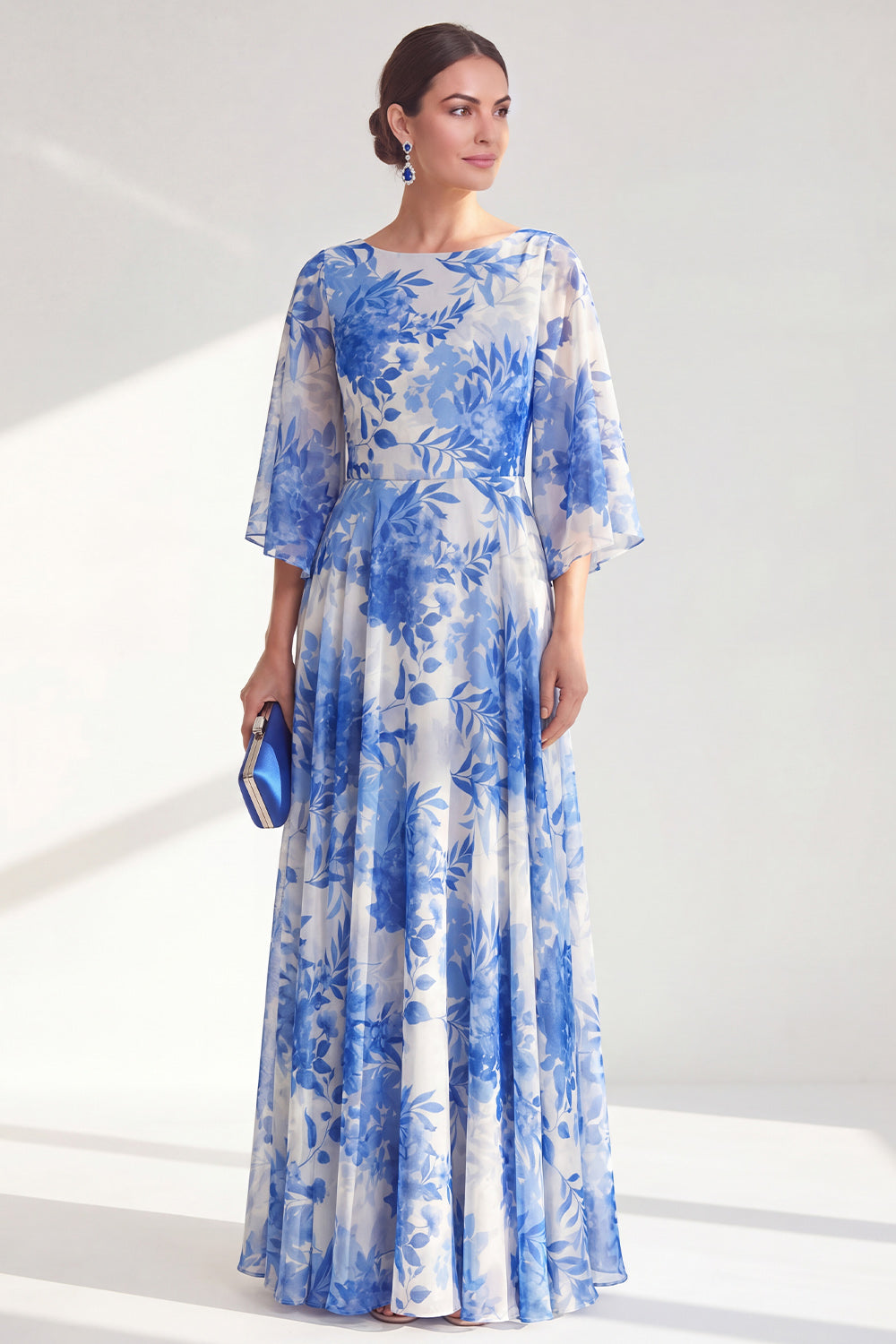 Zapaka Women Red A-Line Mother Of the Bride Dress with 3/4 Sleeves Bateau Neck Chiffon Floral Long Wedding Guest Dress, Blue / US26W