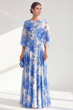 Red A-Line Bateau Neck Chiffon Floral Long Mother Of the Bride Dress with 3/4 Sleeves