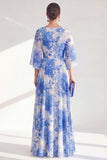 Red A-Line Bateau Neck Chiffon Floral Long Mother Of the Bride Dress with 3/4 Sleeves
