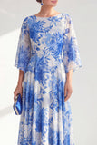 Red A-Line Bateau Neck Chiffon Floral Long Mother Of the Bride Dress with 3/4 Sleeves