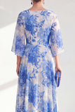 Red A-Line Bateau Neck Chiffon Floral Long Mother Of the Bride Dress with 3/4 Sleeves