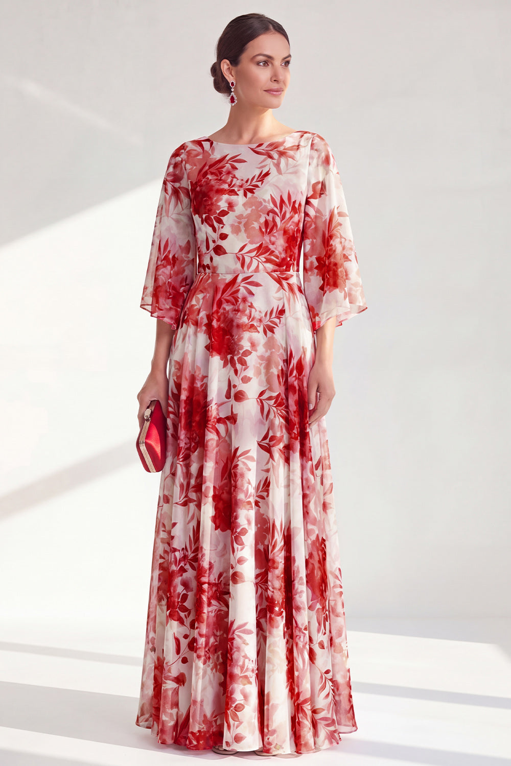 Zapaka Women Red A-Line Mother Of the Bride Dress with 3/4 Sleeves Bateau Neck Chiffon Floral Long Wedding Guest Dress, Red / US20W Zapaka Women Red A-Line Mother Of the Bride Dress with 3/4 Sleeves Bateau Neck Chiffon Floral Long Wedding Guest Dress, Red / US20W