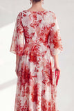 Red A-Line Bateau Neck Chiffon Floral Long Mother Of the Bride Dress with 3/4 Sleeves