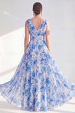 A-Line Blue V-Neck Floral Chiffon Long Mother Of the Bride Dress