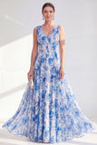 A-Line Blue V-Neck Floral Chiffon Long Mother Of the Bride Dress