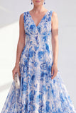 A-Line Blue V-Neck Floral Chiffon Long Mother Of the Bride Dress