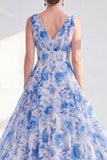 A-Line Blue V-Neck Floral Chiffon Long Mother Of the Bride Dress