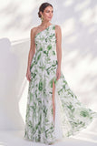 One Shoulder Green A-Line Floral Chiffon Long Mother Of the Bride Dress with Slit