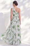 One Shoulder Green A-Line Floral Chiffon Long Mother Of the Bride Dress with Slit