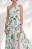One Shoulder Green A-Line Floral Chiffon Long Mother Of the Bride Dress with Slit