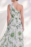 One Shoulder Green A-Line Floral Chiffon Long Mother Of the Bride Dress with Slit