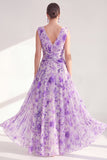 A-Line Purple V-Neck Floral Chiffon Ruched Long Mother Of the Bride Dress