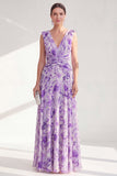 A-Line Purple V-Neck Floral Chiffon Ruched Long Mother Of the Bride Dress
