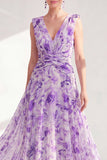 A-Line Purple V-Neck Floral Chiffon Ruched Long Mother Of the Bride Dress