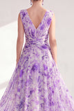 A-Line Purple V-Neck Floral Chiffon Ruched Long Mother Of the Bride Dress