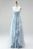 A-Line Blue Chiffon Floral Spaghetti Straps Ruched Maxi Dress