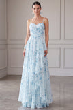 A-Line Blue Chiffon Floral Spaghetti Straps Ruched Long Mother Of the Bride Dress