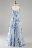 A-Line Blue Chiffon Floral Spaghetti Straps Ruched Long Mother Of the Bride Dress