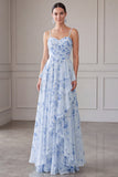 A-Line Blue Chiffon Floral Spaghetti Straps Ruched Long Mother Of the Bride Dress