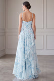 A-Line Blue Chiffon Floral Spaghetti Straps Ruched Long Mother Of the Bride Dress
