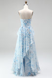 A-Line Blue Chiffon Floral Spaghetti Straps Ruched Maxi Dress