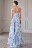 A-Line Blue Chiffon Floral Spaghetti Straps Ruched Long Mother Of the Bride Dress