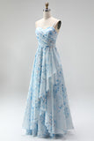A-Line Blue Chiffon Floral Spaghetti Straps Ruched Maxi Dress