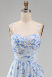 A-Line Blue Chiffon Floral Spaghetti Straps Ruched Long Mother Of the Bride Dress