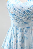 A-Line Blue Chiffon Floral Spaghetti Straps Ruched Maxi Dress