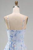 A-Line Blue Chiffon Floral Spaghetti Straps Ruched Long Mother Of the Bride Dress