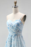 A-Line Blue Chiffon Floral Spaghetti Straps Ruched Maxi Dress