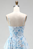 A-Line Blue Chiffon Floral Spaghetti Straps Ruched Maxi Dress