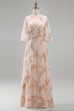 Mermaid Champagne Floral Bateau Neck Ruffled Long Mother Of the Bride Dress