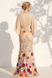 Mermaid Champagne Floral V-Neck Long Mother Of the Bride Dress with Cape Sleeves
