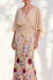 Mermaid Champagne Floral V-Neck Long Mother Of the Bride Dress with Cape Sleeves