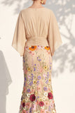Mermaid Champagne Floral V-Neck Long Mother Of the Bride Dress with Cape Sleeves