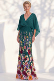 Mermaid Champagne Floral V-Neck Long Mother Of the Bride Dress with Cape Sleeves