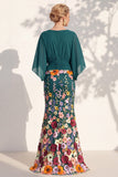 Mermaid Champagne Floral V-Neck Long Mother Of the Bride Dress with Cape Sleeves