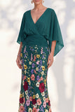 Mermaid Champagne Floral V-Neck Long Mother Of the Bride Dress with Cape Sleeves