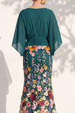 Mermaid Champagne Floral V-Neck Long Mother Of the Bride Dress with Cape Sleeves