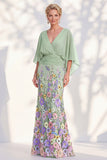 Mermaid Champagne Floral V-Neck Long Mother Of the Bride Dress with Cape Sleeves