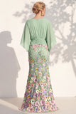 Mermaid Champagne Floral V-Neck Long Mother Of the Bride Dress with Cape Sleeves
