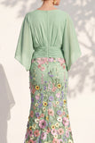 Mermaid Champagne Floral V-Neck Long Mother Of the Bride Dress with Cape Sleeves