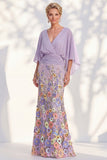 Mermaid Champagne Floral V-Neck Long Mother Of the Bride Dress with Cape Sleeves