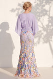 Mermaid Champagne Floral V-Neck Long Mother Of the Bride Dress with Cape Sleeves