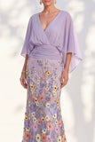 Mermaid Champagne Floral V-Neck Long Mother Of the Bride Dress with Cape Sleeves