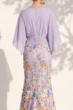 Mermaid Champagne Floral V-Neck Long Mother Of the Bride Dress with Cape Sleeves