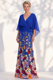 Mermaid Champagne Floral V-Neck Long Mother Of the Bride Dress with Cape Sleeves