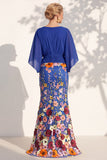 Mermaid Champagne Floral V-Neck Long Mother Of the Bride Dress with Cape Sleeves